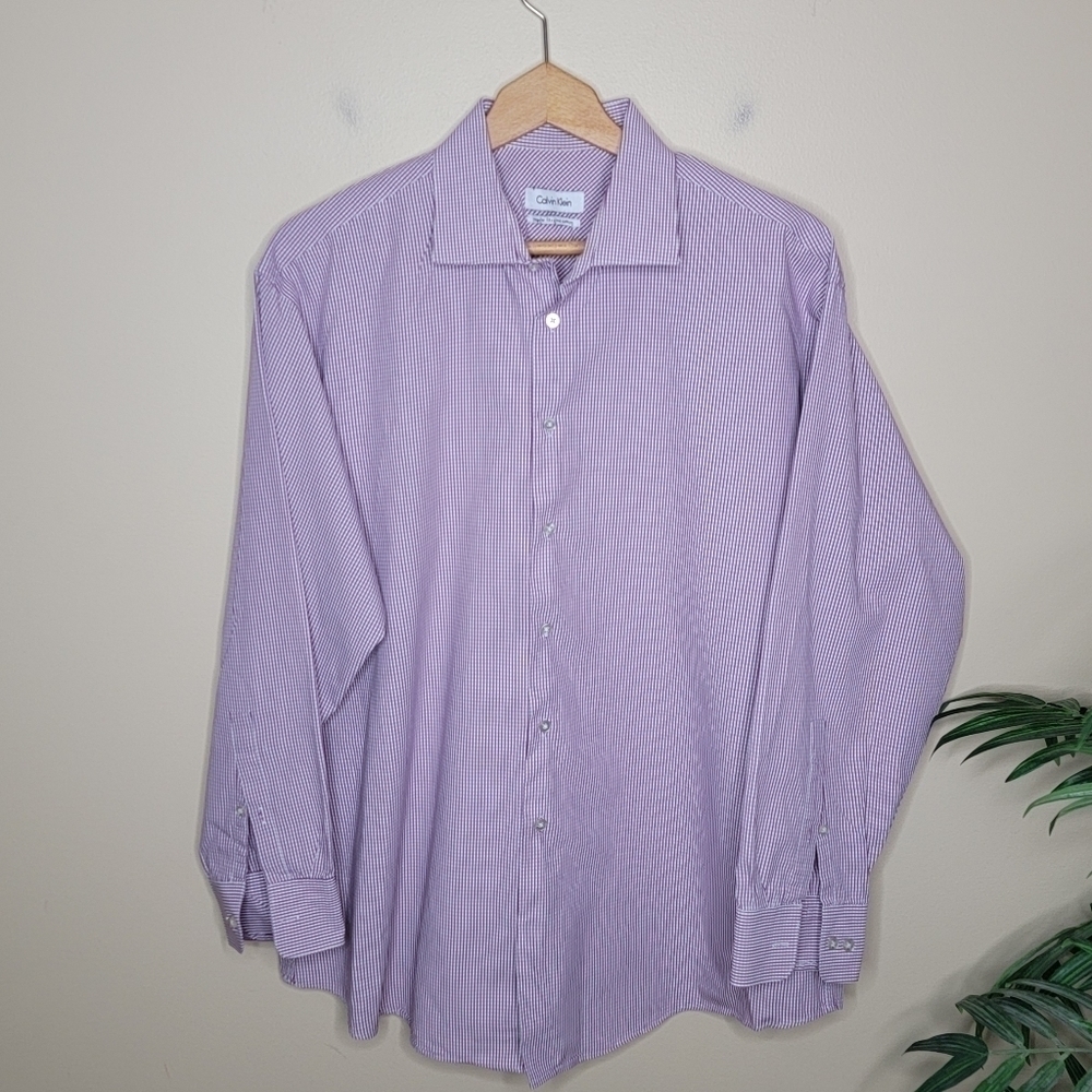Calvin Klein Checkered Plaid Long Sleeve Button Front Shirt Size 17.5